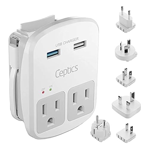 Ceptics Universal Travel Adapter Kit – 2 USB, USB-C Cord+2 US Outlets QC 3.0, Surge Protection, Plugs for Europe, UK, China, Australia, Japan – Perfect for Laptop, Cell Phones, Cameras,Safe ETL Tested